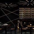 Modern Bar Interior With Geometric Lighting Bookshelf Walls And Comfortable Seating