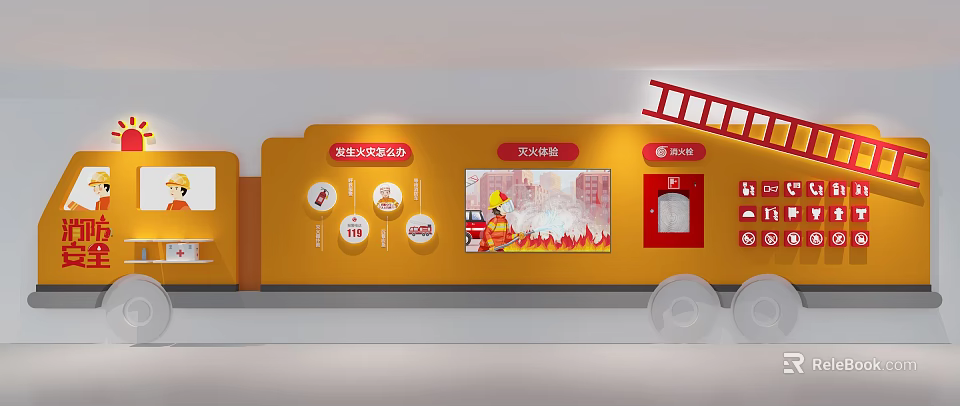 Fire Safety Promotion Functional Vehicle Featuring Fire Extinguisher Firefighter 119 And Fire Escape Scene 3d model 