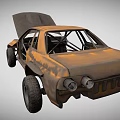 Rusty Off Road Car With Open Hood And Doors And Large Tires