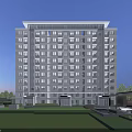 Modern Multi Story Residential Building with Evening Lighting and Landscaped Garden Area