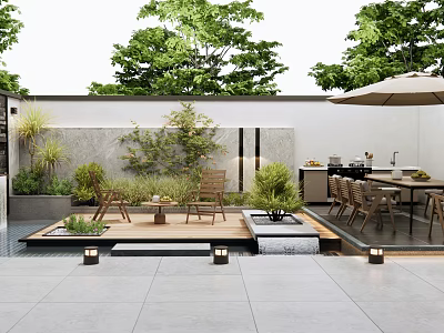 Modern Courtyard Garden Design With Wooden Dining Set Umbrella Stone Tile Flooring And Lush Plants 3d model
