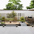 Modern Courtyard Garden Design With Wooden Dining Set Umbrella Stone Tile Flooring And Lush Plants