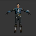 3D Male Character Model Wearing Blue Black Outfit With Arm Guards Utility Belt And Boots