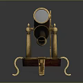 Vintage Wooden Telescope with Golden Decorations and Curved Stand on Round Base
