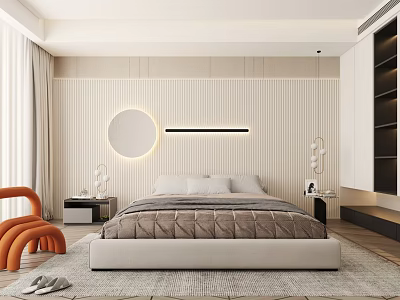 Modern Bedroom Interior With Round Decorative Mirror Linear Light Upholstered Bed And Orange Accent Chair 3d model