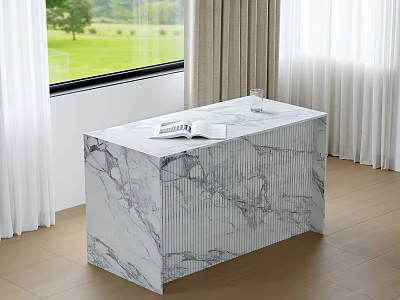 Marble Bar Counter With White Texture Magazine And Glass By Window Green Lawn Curtains 3d model