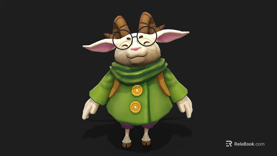 Cute Cartoon Goat Character Wearing Green Coat Yellow Buttons Glasses Scarf And Backpack 3d model 