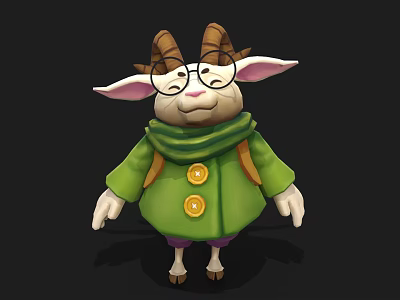 Cute Cartoon Goat Character Wearing Green Coat Yellow Buttons Glasses Scarf And Backpack 3d model
