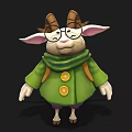 Cute Cartoon Goat Character Wearing Green Coat Yellow Buttons Glasses Scarf And Backpack