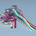 Vibrant Water Park Play Equipment Featuring Pink Spiral Slides And Colorful Wave Slides