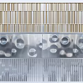 Modern Metallic Room Divider Featuring Vertical Stripes And Circular Cutout Details