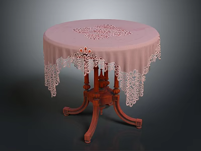 Round Wooden Table With Pink Tablecloth And Delicate Lace Trim 3d model