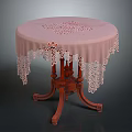 Round Wooden Table With Pink Tablecloth And Delicate Lace Trim
