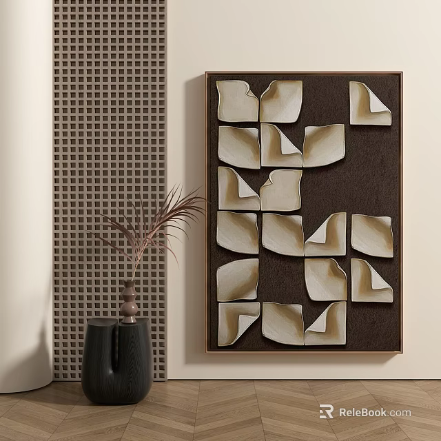 Modern Abstract Wall Decor With White Shapes Brown Frame And Black Vase Plant 3d model 