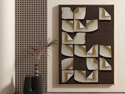 Modern Abstract Wall Decor With White Shapes Brown Frame And Black Vase Plant 3d model