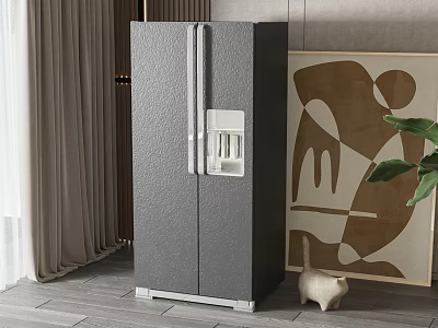 Gray Double Door Refrigerator With Water Dispenser In Room With Abstract Painting And Cat Figurine 3d model