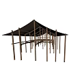 Wooden Columns Supporting Open Roof Structure Under Blue Sky With White Clouds 3d model