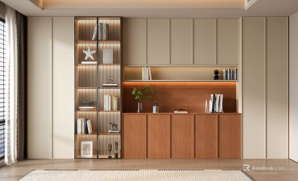 Modern Wooden Bookcase with Open Shelves Closed Cabinets Displaying Books Decorative Items Green Plant 3d model 