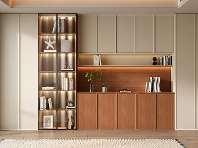 Modern Wooden Bookcase with Open Shelves Closed Cabinets Displaying Books Decorative Items Green Plant 3d model