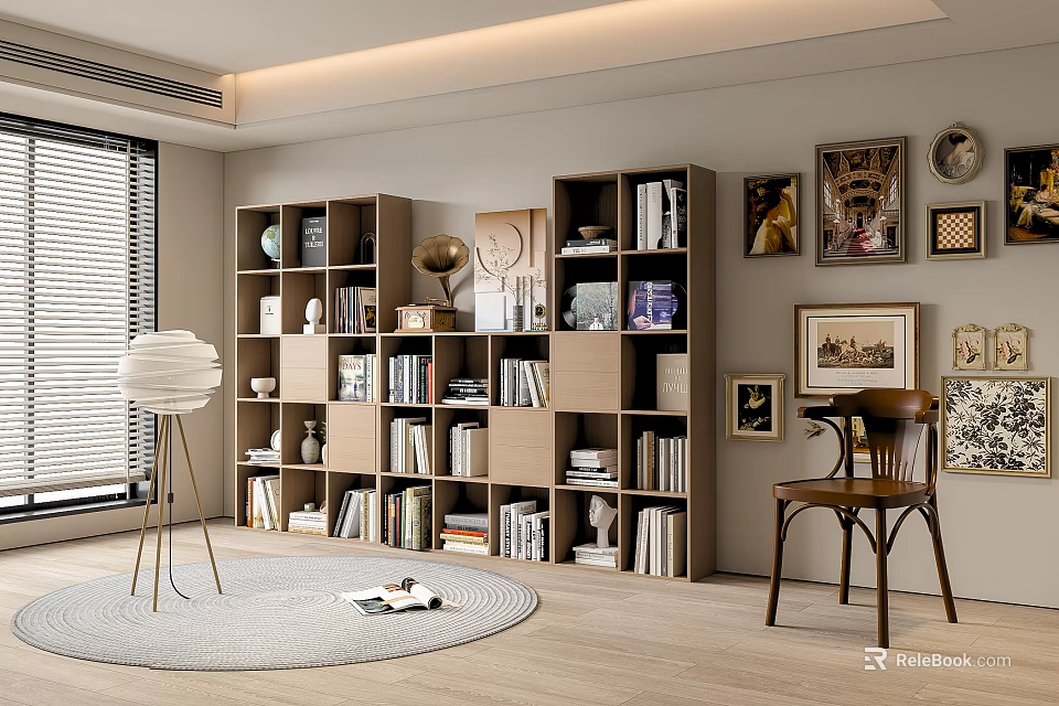 Modern Bookcase Interior With Books Decorative Items Floor Lamp Brown Chair And Round Rug 3d model 