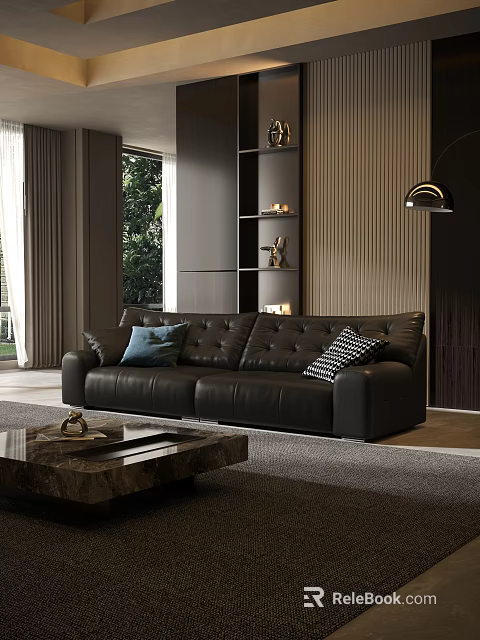 Modern Living Room Black Leather Sofa Coffee Table With Blue And Black White Checkered Pillows 3d model 