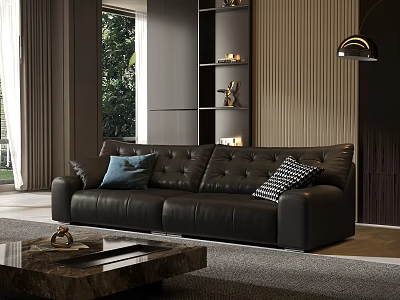 Modern Living Room Black Leather Sofa Coffee Table With Blue And Black White Checkered Pillows 3d model
