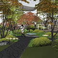 Scenic Garden Landscape With Tents Trees Tables Chairs And Green Plants
