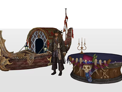 Intricately Designed Wooden Pirate Boat With Decorative Table And Skeleton Ornaments 3d model