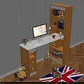 Wooden Work Desk With Computer Monitor Bookshelf Books Small Decor And Union Jack Rug