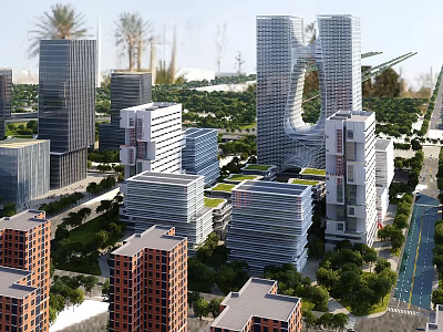 Modern High Rise Office Building Complex With Green Roofs And Urban Landscape 3d model