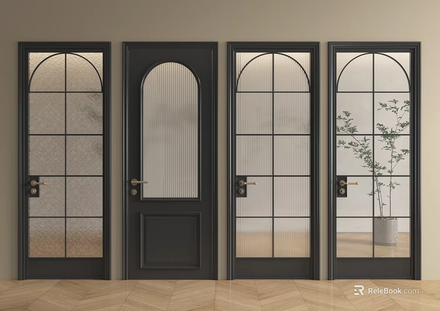 Black Hinged Doors With Various Glass Designs And Arched Tops In Interior With Wooden Flooring 3d model 