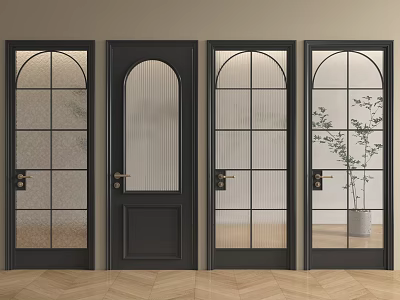 Black Hinged Doors With Various Glass Designs And Arched Tops In Interior With Wooden Flooring 3d model