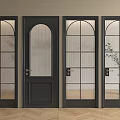 Black Hinged Doors With Various Glass Designs And Arched Tops In Interior With Wooden Flooring