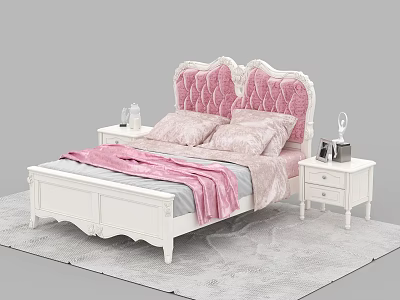 Double Bed with Pink Tufted Headboard White Frame Pink Pillows Blanket Nightstands on Gray Rug 3d model