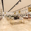 Luxurious Boutique Interior With Shelves Displaying Bags Golden Tables Marble Floor And Spotlights