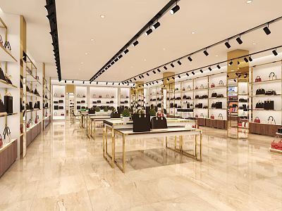 Luxurious Boutique Interior With Shelves Displaying Bags Golden Tables Marble Floor And Spotlights 3d model