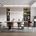 Modern Restaurant Interior With Dining Table Chairs Pendant Lights And Decorative Shelves 3d model