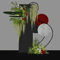 Floral Installation Featuring Black Pillar Greenery Red Blooms Hanging Vines And Red White Textured Circles