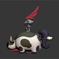 Red Feathered Armored Character And Egg Shaped Creature With Green Shell And Yellow Horns