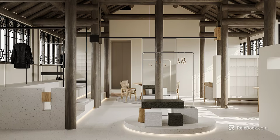 Modern Clothing Store Interior With Wooden Columns Open Display Space And Minimalist Design 3d model 