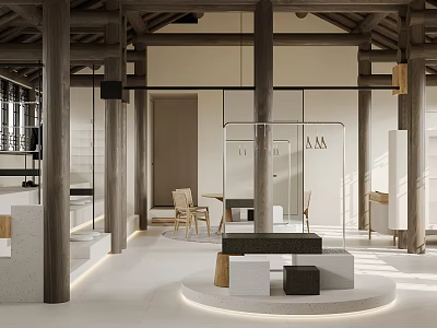 Modern Clothing Store Interior With Wooden Columns Open Display Space And Minimalist Design 3d model