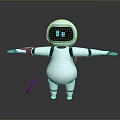 White Robot Featuring Digital Display Backpack Standing with Outstretched Arms and Tool on Ground 3d model
