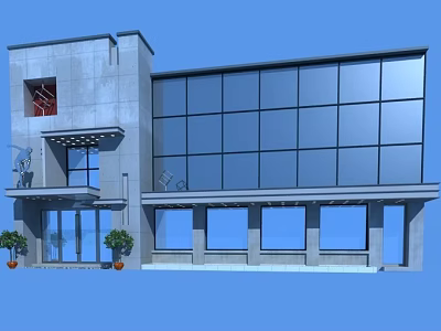 Modern Sales Office Building Exterior With Glass Facade Entrance And Decorative Plants 3d model