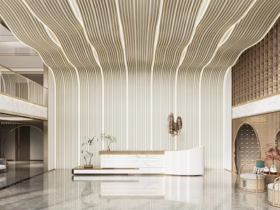 Modern Beauty Hair Salon Interior With Wavy Ceiling White Reception Counter And Marble Floor 3d model