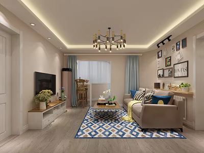 Modern Living Room Interior Design With TV Chandelier Sofa Geometric Rug And Wall Art 3d model