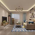 Modern Living Room Interior Design With TV Chandelier Sofa Geometric Rug And Wall Art