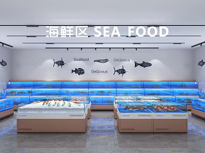 Supermarket Seafood Section With Fresh Seafood In Aquarium Display Cases And Fish Illustrations 3d model