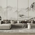 Light Gray L Shaped Multi Seater Sofa With Cushions Throw Blanket And Mountain Landscape Screen 3d model