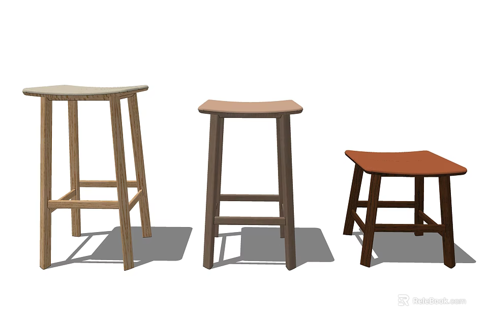Three Wooden Stools With Various Designs And Light Dark Wood Tones 3d model 