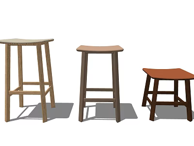 Three Wooden Stools With Various Designs And Light Dark Wood Tones 3d model